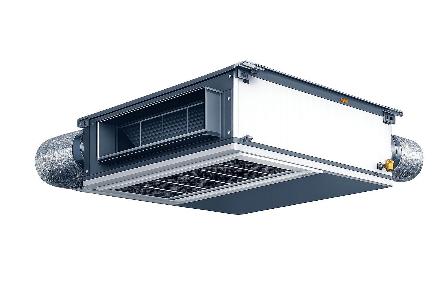 Ceiling mounted ducted dehumidifier installed overhead with flexible ductwork
