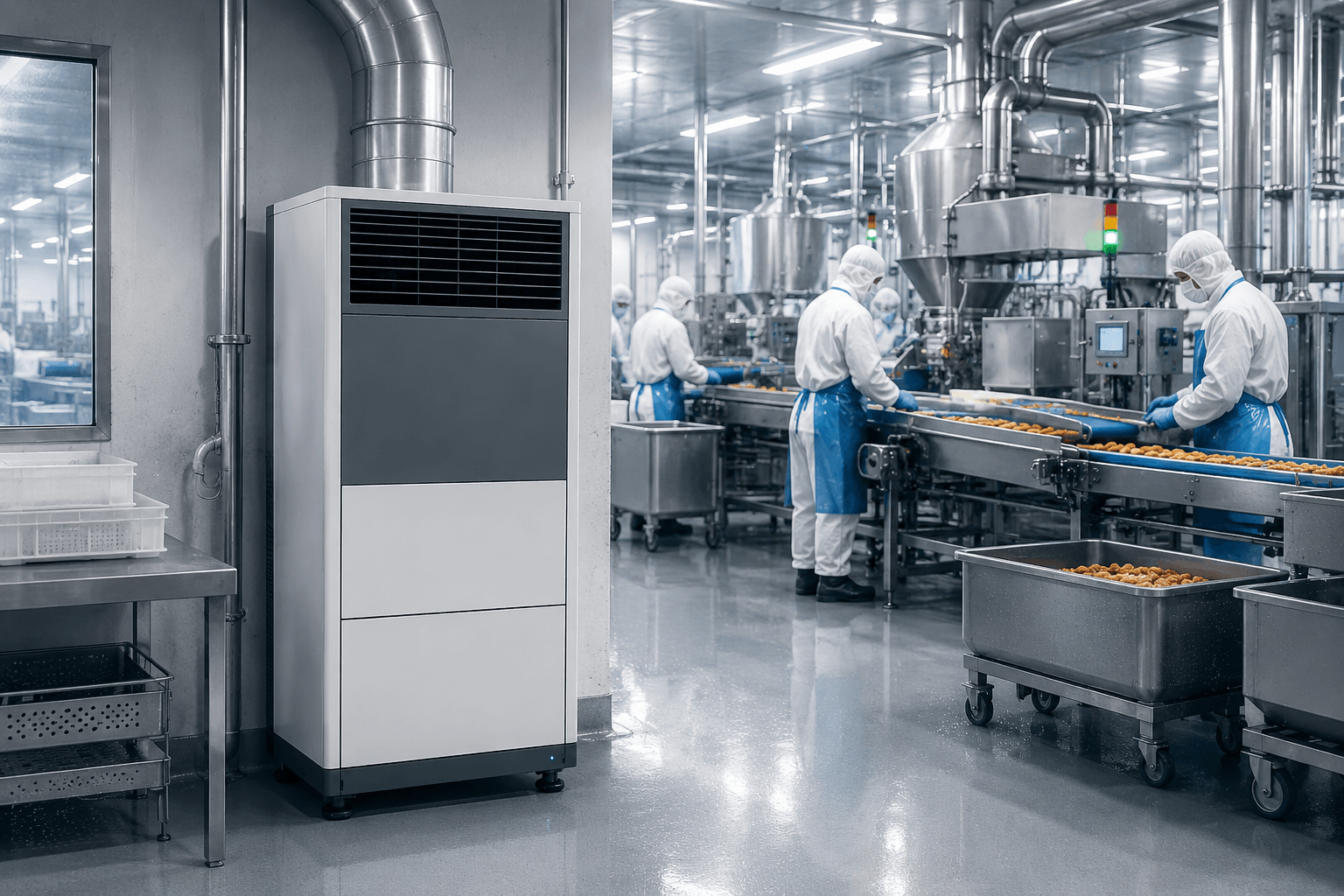 Dehumidifier positioned beside a food processing production line
