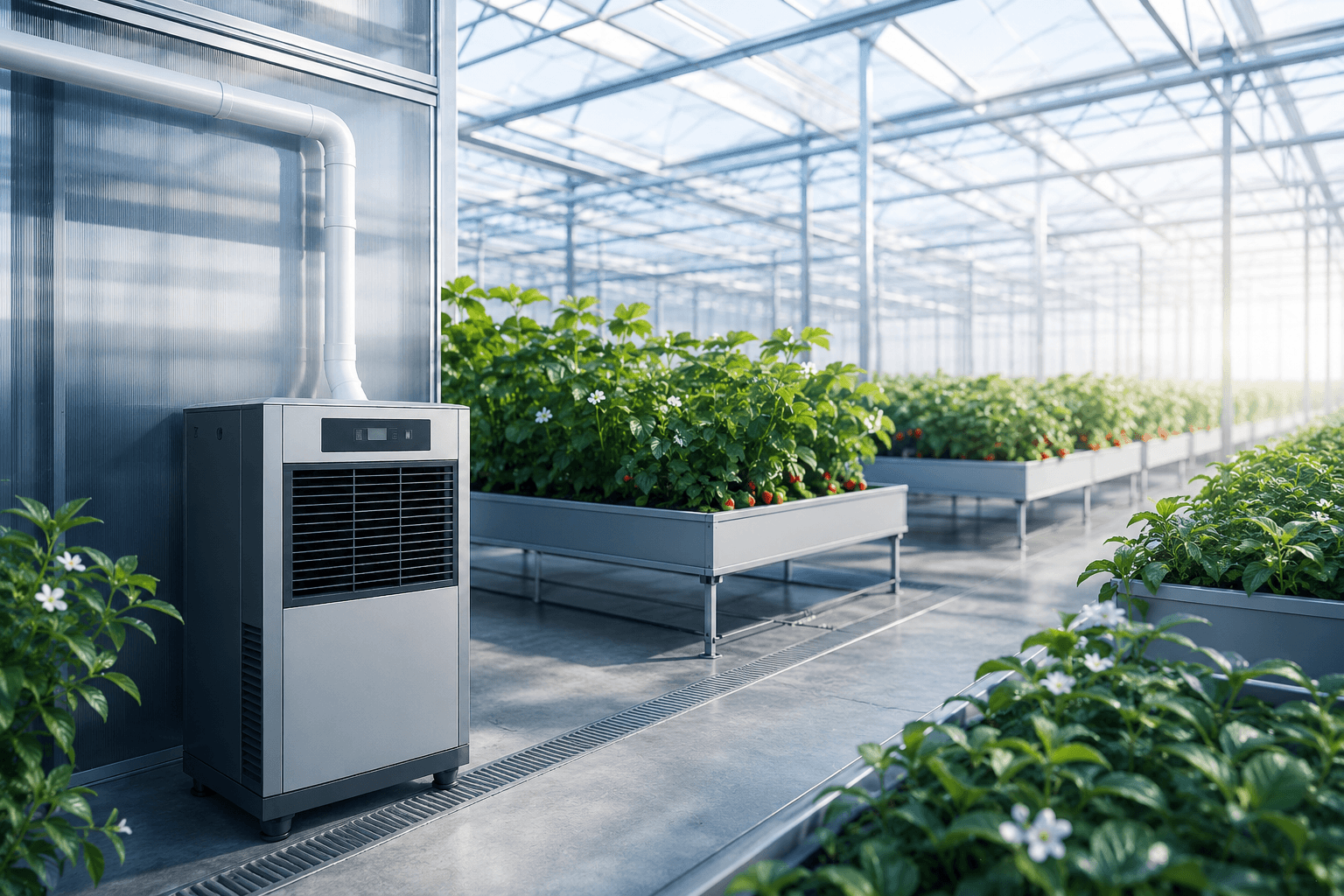 Dehumidifier unit installed inside a greenhouse growing strawberries