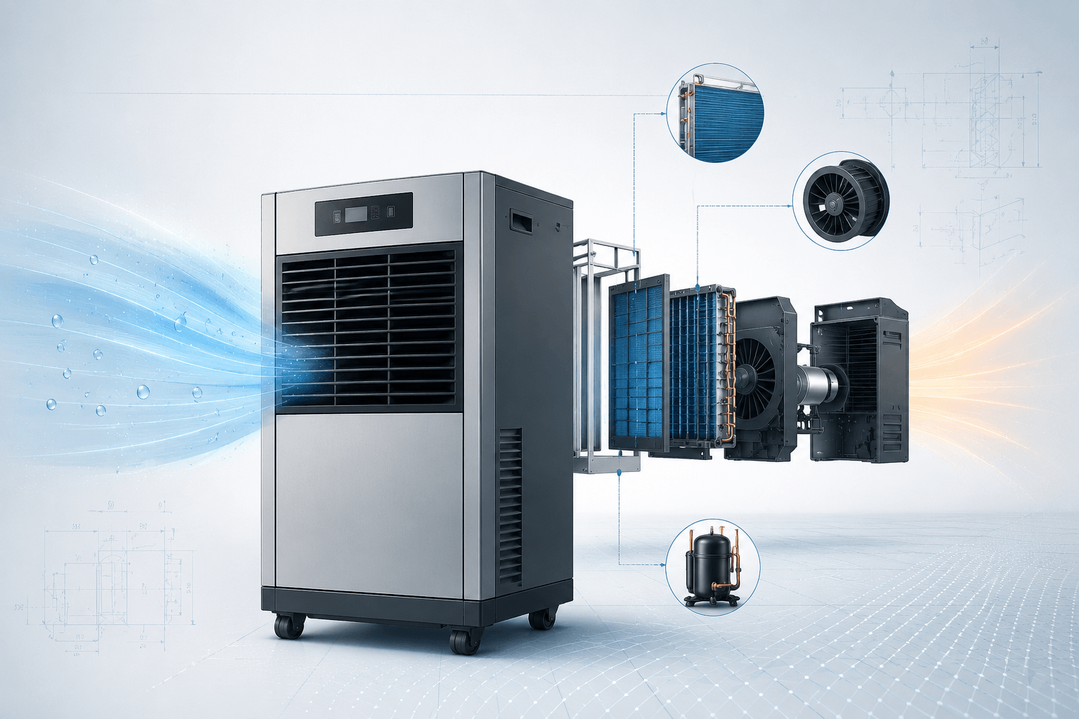 Exploded engineering view of a dehumidifier showing coil, fan, and compressor components