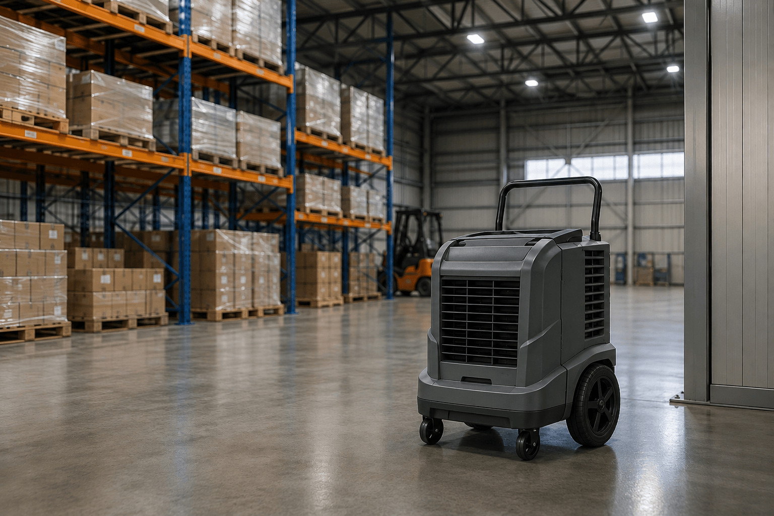 Dehumidifier operating in a warehouse among pallet racks