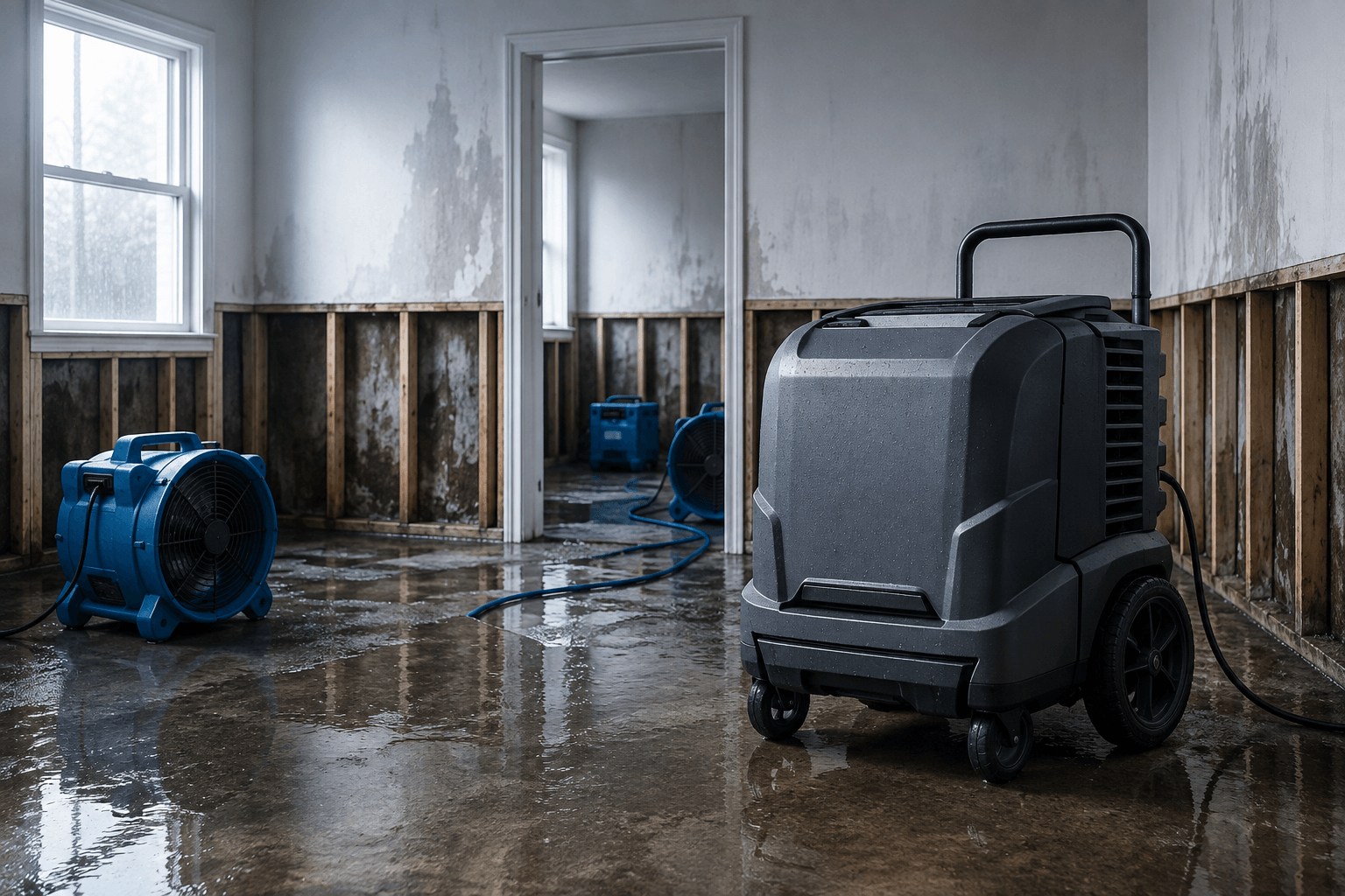 Restoration dehumidifier and air movers drying a flood-damaged room